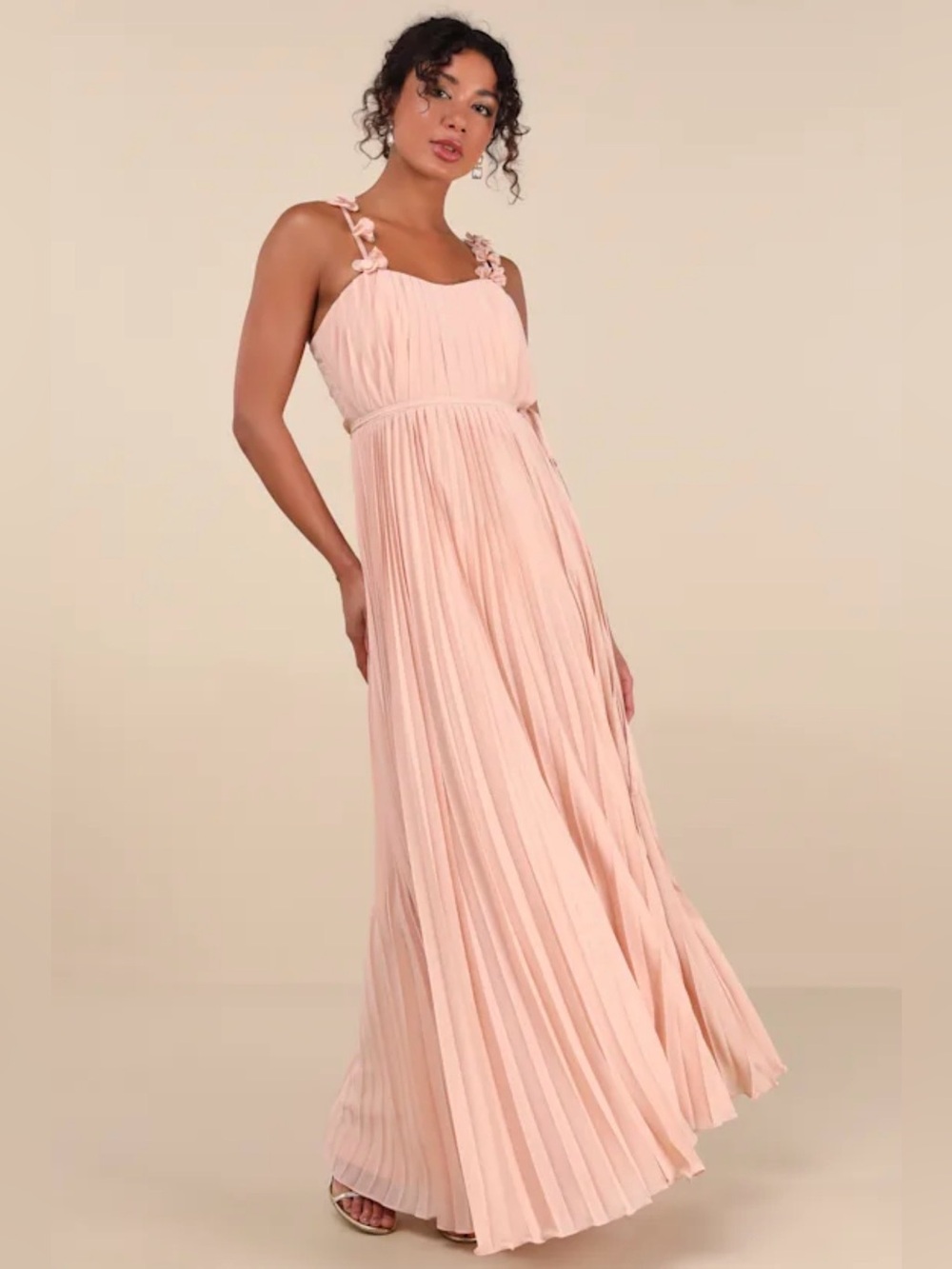 NWT Lulu’s Blush Pink Pleated Maxi Bridesmaid Dress with Bow Straps - Large